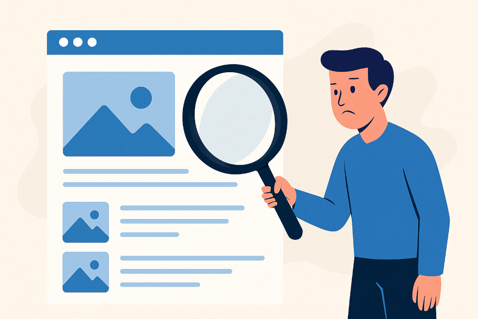 Mensch schaut sich mit einer Lupe seine Webseite an.